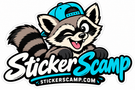 Sticker Scamp winking raccoon mascot